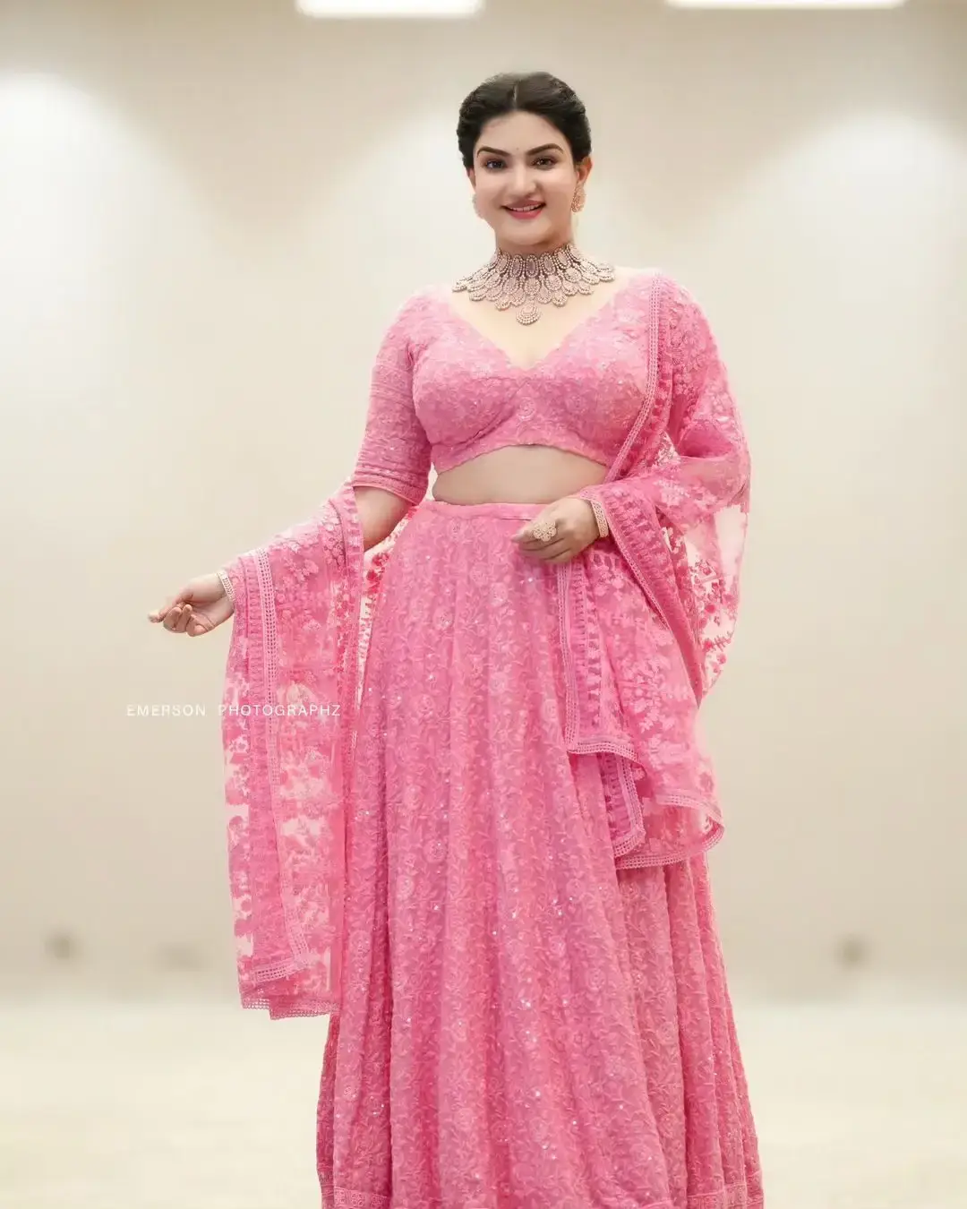 Beautiful Indian Actress Honey Rose in Pink Lehenga Choli